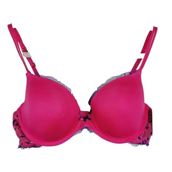 DKNY Push Up Bra Pink With Purple Ruffled Mesh Lace 36B NWT Padded Underwire - Picture 1 of 11